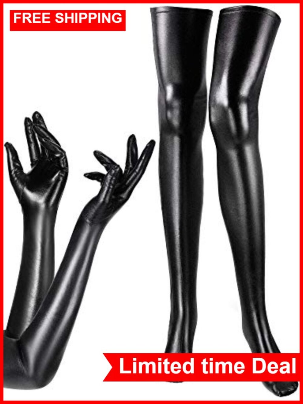 Women's Halloween Shiny Wet Look Spandex Long Gloves and Thigh High Stockings